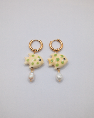 Ceramic Fish and Pearl Earrings