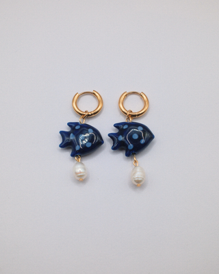 Ceramic Fish and Pearl Earrings