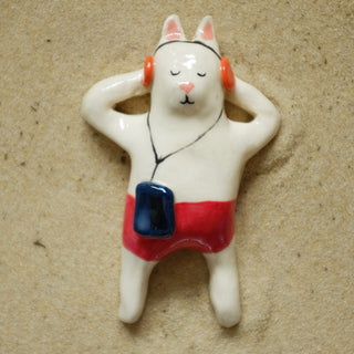 White cat with walkman Ceramic Figure