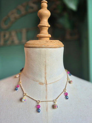 Beaded Charm Necklace - blue & pink