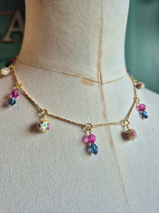 Beaded Charm Necklace - blue & pink