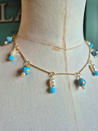 Beaded Charm Necklace - blue & pearl