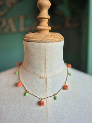 Beaded Charm Necklace - coral & green