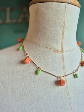 Beaded Charm Necklace - coral & green