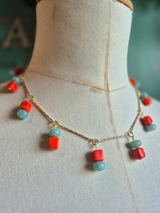 Beaded Charm Necklace - green & red