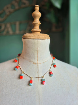 Beaded Charm Necklace - green & red