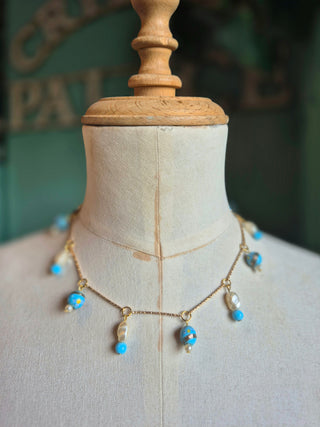 Beaded Charm Necklace - blue & pearl