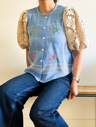 Blue Blouse with Beige Lace Sleeves