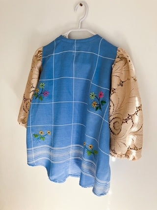 Blue Blouse with Beige Lace Sleeves