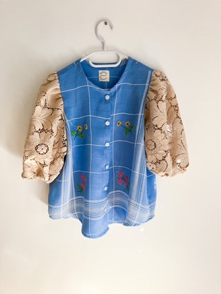 Blue Blouse with Beige Lace Sleeves