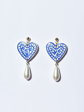 Blue Patterned Heart Earrings