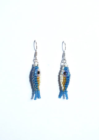 Blue and Gold Beaded Fish Earrings