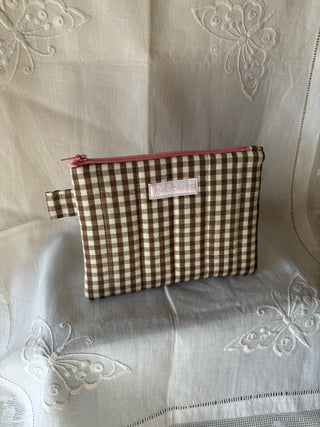 Brown Gingham Small Puffy Pouch