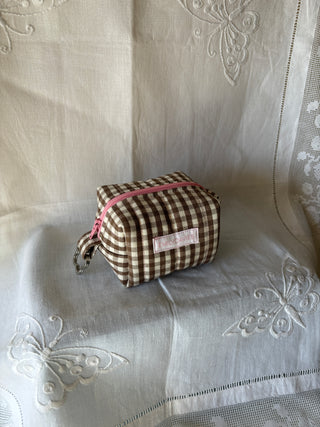 Brown Gingham Tiny Puffy Pouch