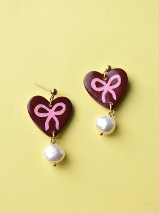 Burgandy Bow Heart Earrings