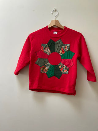 Kid’s Red Sweatshirt with Festive Wreath Patchwork design, 5-6 yrs