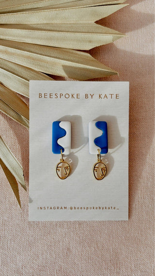 Cobalt Blue & White Earrings with Abstract Face Charm