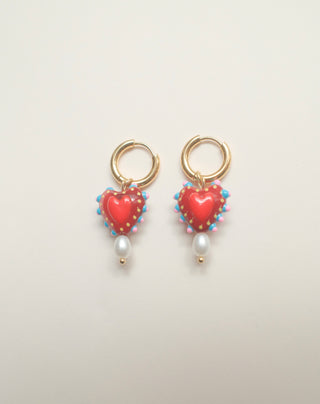 Hayley Heart Drop Earrings - Maroon with Pearl