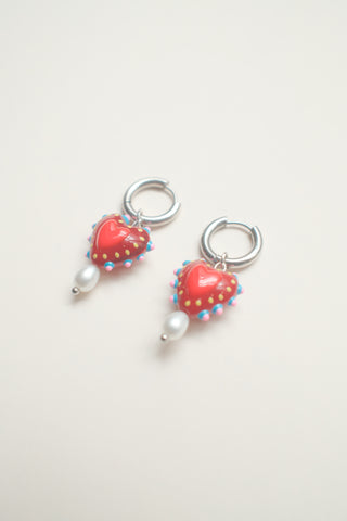 Hayley Heart Drop Earrings - Maroon with Pearl