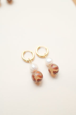 Dzi Stone and Pearl Earrings