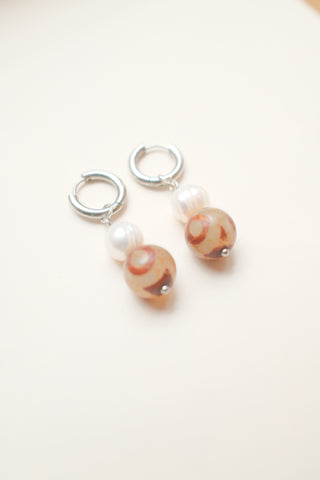 Dzi Stone and Pearl Earrings