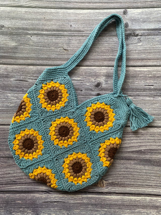 Denim Blue Sunflower Crochet Tote Bag