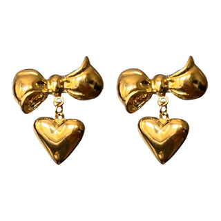 1990s Vintage Gold Plated Bow & Heart Earrings