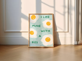 'I Like Mine With a Kiss' Eggs Wall Art Print - Blue/Green