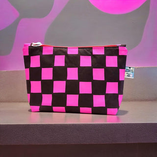 Pink & Burgundy checkered cosmetic bag