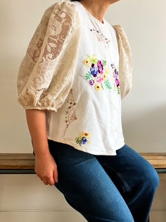 Embroidered Blouse with Lace Sleeves