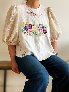 Embroidered Blouse with Lace Sleeves