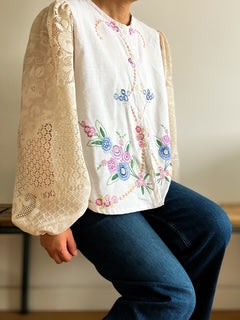 Embroidered Floral Blouse with Lace Sleeves