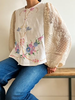 Embroidered Floral Blouse with Lace Sleeves