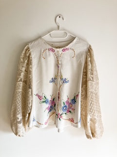 Embroidered Floral Blouse with Lace Sleeves