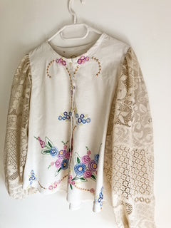 Embroidered Floral Blouse with Lace Sleeves
