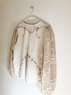 Embroidered Floral Blouse with Lace Sleeves