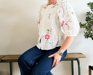 White Blouse with Pink Applique