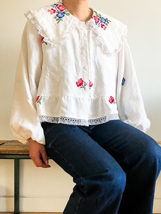 Frill Collar White Embroidered Blouse