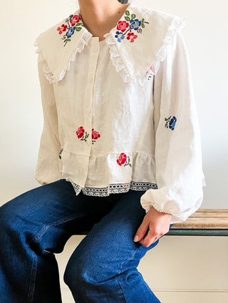 Frill Collar White Embroidered Blouse