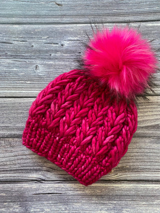 Fuscia Pink Hearts Chunky Knit Merino Wool Beanie