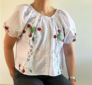 Gathered Puffed Sleeved Strawberry Blouse