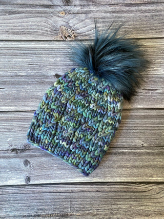 Green Blue Merino Wool Cable Beanie