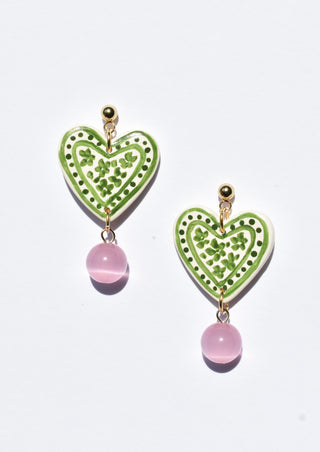 Green Patterned Heart Earrings