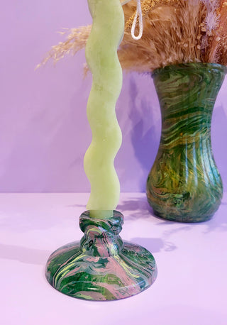 Marbled Candle Stick Holder - Short -  Green & Pink