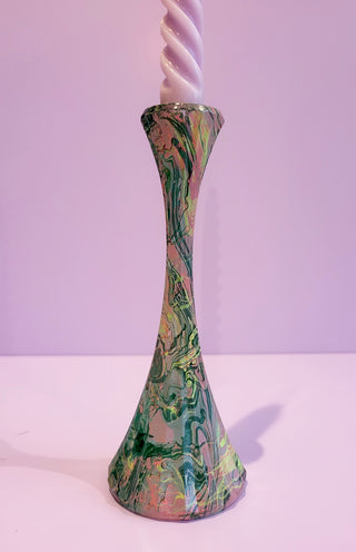 Marbled Candle Stick Holder - Tall -  Green & Pink