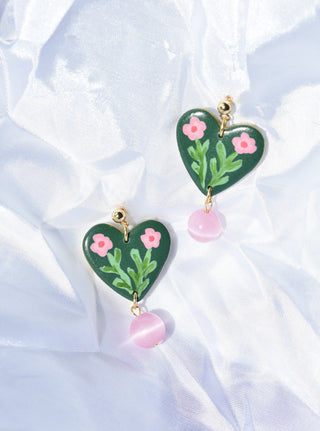 Green & Pink Flower Heart Earrings