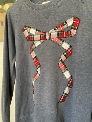 Grey Sweatshirt with Tartan bow appliqué, Small/Medium