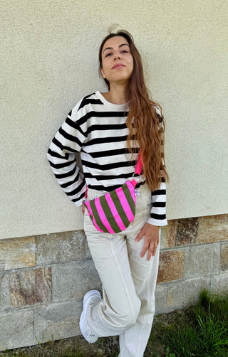 Pink & Green Stripes Semi circle crossbody bag