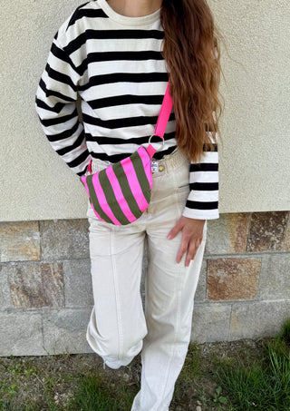 Pink & Green Stripes Semi circle crossbody bag