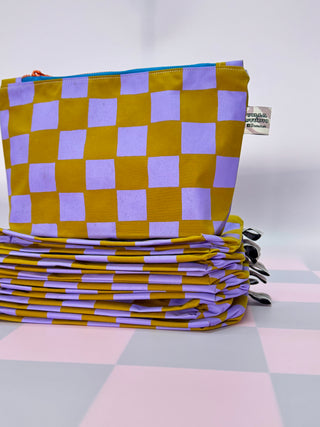 Purple & Mustard checkered cosmetic bag